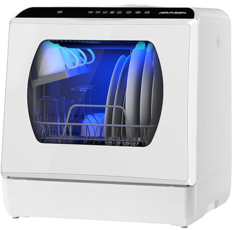 AIRMSEN Mini Lave-Vaisselle de Comptoir, 5+1 Programmes, Réservoir d'Eau de 5L, Contrôle Tactile et Écran LED, Adapté pour les Cuisines Familiales, Appartements et Dortoirs, Blanc