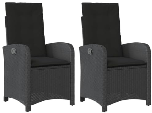 vidaXL Gartensessel mit Kissen 2 STK., Gartenstuhl mit Verstellbarer Rückenlehne, Liegestuhl mit Stahlrahmen, Sessel Stuhl Relaxsessel, Schwarz Poly Rattan