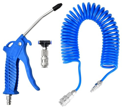 Luftpistole Druckluft, Ausblaspistole Mit 5 Meter Spiralschlauch, Druckluftpistole, Blaspistole, Druckluftpistole Set, Düsenläge 95 mm, Geeignet für Lkw, Autos, Blau