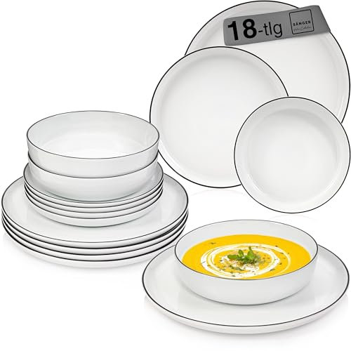 SÄNGER | Tafelservice Marlo Black Rim weiß, 18-teiliges Geschirrset für 6 Personen aus Porzellan, Weiß mit schwarzen Akzenten, Speise-, Dessertteller & Schalen, moderne Form | PREMIUM COLLECTION