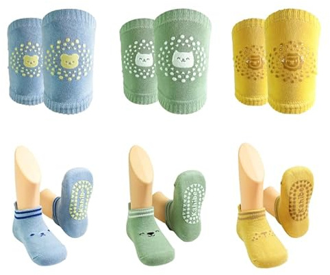 FZSECRIU 3 Pairs of Baby Knee Pads and 3 Pairs of Crawling Socks Suitable for 0-1 Years Baby Crawling Tights Baby Knee Pads for Crawling, Crawling Trousers, Crawling Aid
