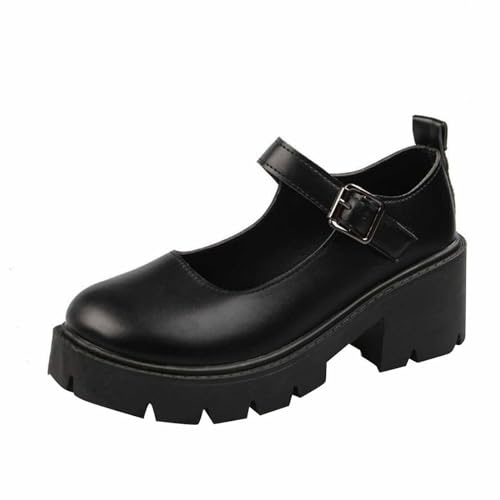 Tjocka platåskor för kvinnor, Mary Jane-skor, retro spännrem rund tå platta skor med låg öppning för damer tjocka klackar Lolita-sko rund tå platta klackar tjocka pumps Lolita-skor