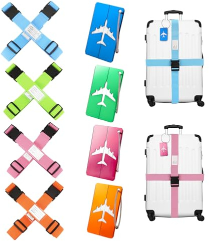 Luggage Straps, 8 Pcs Adjustable Suitcase Straps Belts with 4 Pcs Metal Luggage Tags Heavy Duty Adjustable Suitcase Belts