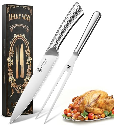 Livtek Carving Knife and Fork Set 8 Slicing Knife and 7 Fork - German High Carbon Stainless Steel - Brisket Slicer, Turkey Carving, BBQ Tools - Thanksgiving Dinner Gift Set