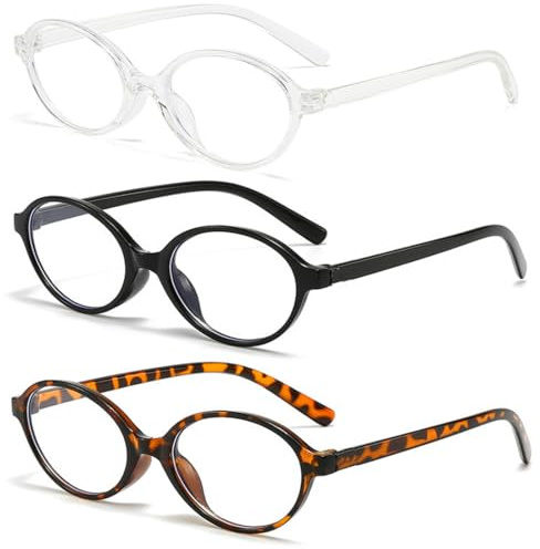 KEWUF 3 Pezzi Da Lettura Donna, Luce Blu Donna, Occhiali Ovali, Anti-Blu, Decorativi, Senza Diottrie(Motivo Leopardo, Nero, Trasparente)