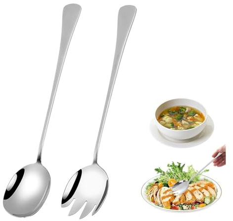 2 Piezas Cubiertos de Ensalada en Acero Inoxidable - Cuchara y Tenedor de Servicio Largo 28 cm para Cocina Profesional, Hoteles, Cafeterías y Uso Doméstico