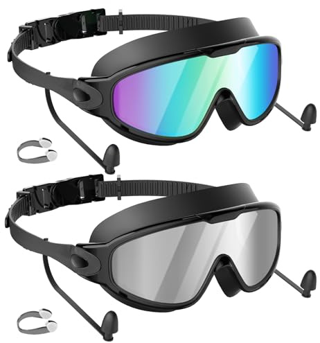 SHINER Swimming Goggles 2 Pack for Adult Men Women, Anti-fog UV Protection No Leak 180° Wide View Clear Vision Pool Swim Goggles for Youth (Blue Silver)