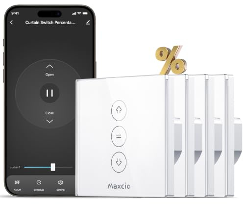 Maxcio Interruptor Persiana WiFi con Control de Porcentaje, Interruptor Inteligente de Cortina Compatible con Alexa y Google Home, Temporizador, Panel de Cristal Táctil, Requiere Cable Neutro, 4 Packs