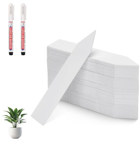 CUEMOON 100 targhette per piante bianche, 10 x 2 cm, etichette per piante con 2 pennarelli, in plastica, resistenti alle intemperie, etichette da giardino, etichette per piante