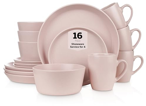 Stone Lain Albie Stoneware 16-Piece Modern Dinnerware Set, Kitchen Plates and Bowls Sets, Service for 4, Pink, Microwave & Dishwasher Safe