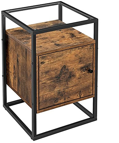 VASAGLE Nachttisch, Nachtschrank, Beistelltisch, Glastisch mit Schrank, Sofatisch, Schlafzimmer, Wohnzimmer, Flur, stabiles Hartglas, einfacher Aufbau, Industrie-Design, Vintage, Dunkelbraun LNT05BX