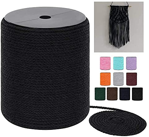 Macrame Cord 4mm x 240Yards (722Feet), Colored Cotton Macrame Rope - 3 Strands Twisted Colorful Macrame Cotton Cord for Wall Hanging, Plant Hangers, Gift Wrapping and Wedding Decorations, Black