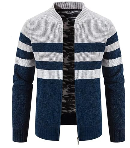 Jinsha Cardigan de Punto Masculino Suéter Grueso Cremallera Completa Líder Mantenerse Caliente Pullover Revestimiento de Lana Abrigo de Invierno(White Blue-XL)