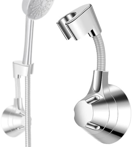 Soporte de Ducha Adhesivo, Soporte de Ducha de Angulo Ajustable, Soporte de Cabezal de Ducha de Plástico de Mano, Soporte Alcachofa Ducha, Soporte Ducha Sin Taladro, Soporte para Ducha Pared (Plata)