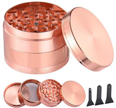 Herb Grinder, Aluminium Spice Grinder with Pollen Catcher and Magnetic Top, Portable Grinder for Dry Herb and Spice Rose Gold (50mm)
