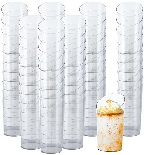 Oungy 150 mini vasos de postre en ángulo, vasos de postre redondos de 70 ml, vasos de postre transparentes de plástico reutilizables para servir postres, aperitivos, mousse