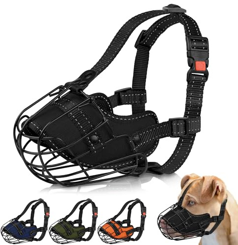 OOPSDOGGY Pitbull Dog Muzzle Reflective Metal Mask Secure Wire Basket Muzzles for Large Sized Dogs Amstaff Soft Cage to Prevent Biting Chewing with Adjustable Nylon Straps (Black, Pitbull)