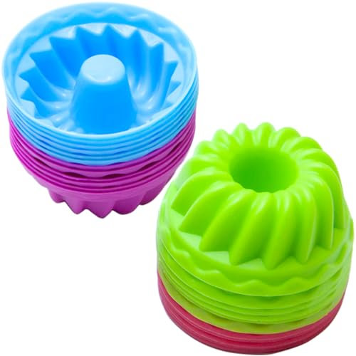 24 Stück Gugelhupfform Silikon Mini Kuchen Backform Mould Wiederverwendbare,Mini Gussformen mit Gewinde für Machen Kuchen Dessert Schokolade Pudding Gelee,Ø 7 cm,Höhe 3 cm(4 Farben)