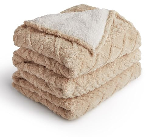 Silentnight Snugsie Giant Blanket - Fleece Throw Plush Blanket Super-Sized with Warm Sherpa Fleece Inside Reversible for Whole Family Sofa Couch Bed, 240x180cm, Natural Cable Knit