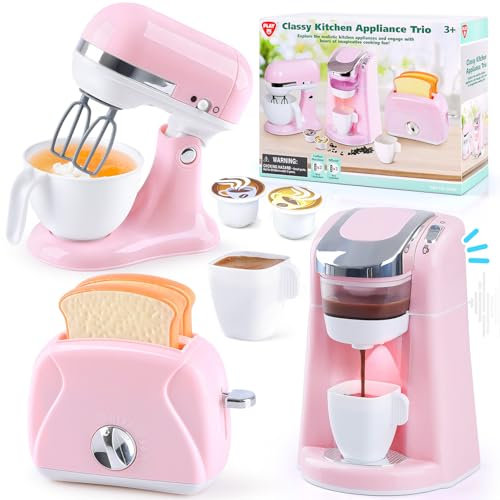 PLAY Kinderküche Zubehör Spielzeug Set, Küchengeräte Kinder Set mit Kaffeemaschine, Mixer, Toaster mit Realistischen Lichtern und Geräuschen, Kindergeschenke für Mädchen und Jungen ab 3 Jahren (Rosa)