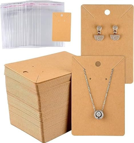 100x Ohrring-Displaykarten Kraftpapier + 100 Klebebeutel – Schmuckpräsentation zum Verpacken und Aufhängen von Halsketten, Ohrringen