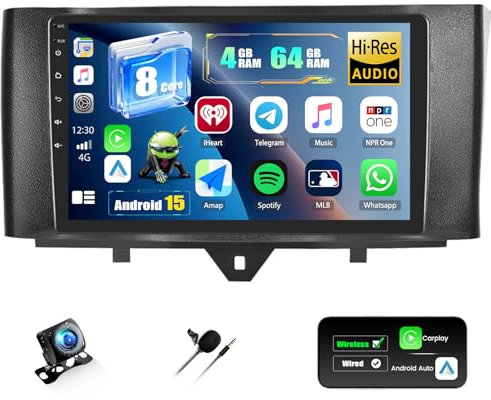 CAMECHO Qualcomm 4+64G 8-Core Autoradio Android 15 per Mercedes-Benz Smart Fortwo 2011-2015, 9 Pollici DSP Bluetooth Radio con Wireless Carplay Android Auto WIFI GPS FM/RDS +Telecamera Posteriore