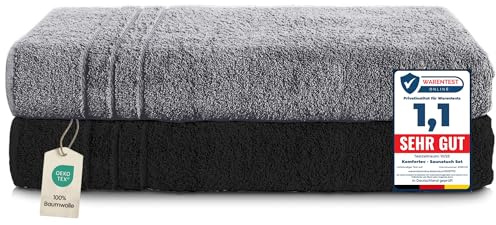 Komfortec Lot de 2 Serviettes de Sauna 80 x 200 cm 100% Coton XXL – Grandes Serviettes de Sauna Douces à séchage Rapide – Gris Anthracite/Noir