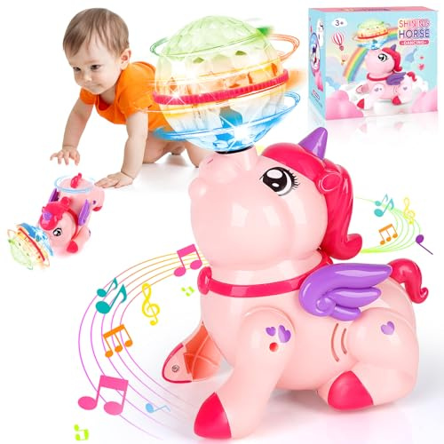 Giocattoli Unicorno Neonato Per Tempo a Pancia In Giù - Giocattolo Sensoriale Sviluppo Neonati c/Musica, Luci Led + Rotazione 360–Stimola Gattonamento e Movimento, Regalo Per Bambini e Bambine(rosa)