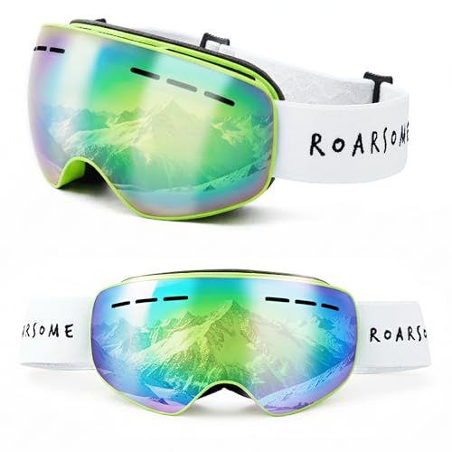 Roarsome Kids Ski Goggles | Anti-Fog UV Protection with OTG Fit & Strap | High definition anti fog and anti UV, 3-layer sponge shock absorption, Made to fit glasses