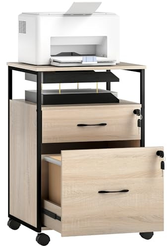 Vinsetto Cajonera de Oficina con 2 Cajones 44x40x66,5 cm Natural | Cajonera de Escritorio con Ruedas, Barra Colgante, Cerradura y 2 Llaves, para A4 Carta, Archivador Móvil, para Estudio
