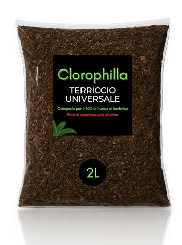 Clorophilla Terra Universale di Qualità Superiore,Terra Per Piante Con il 30% Di Humus Di Lombrico Senza Compostati,Riserva Idrica e Drenaggio ottimale,ricco di Acidi umici e fulvici- 1 Sacco 2 Litri