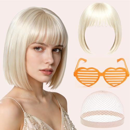 Pelucas Mujer Peluca Rubia - Pelucas Disfraz Corta con Gafas y Redecilla, Bob Wig Cabello Disfraz para Carnaval Halloween Cosplay Fiesta de Mujer y Niñas