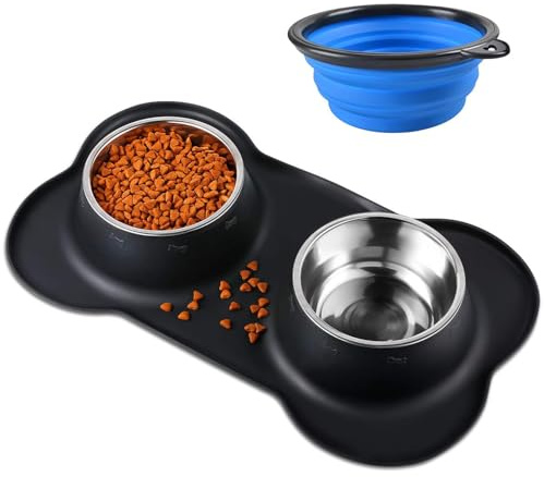 Bonve Pet 2 x 400 ml Stainless Steel Double Bowl for Dogs and Cats with Non-Slip Base, Anti-Spill, Anti-Spill, Silicone Mat
