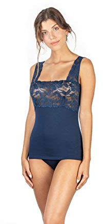 EGI Canotta Donna Spalla Larga Micromodal Pizzo Elegante Intimo Morbido Versatile Made in Italy (IT, Testo, L, Regular, Regular, Blu)