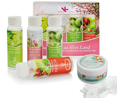 Sauna Set | KK Saunaaufgussset 4 x 100 ml + 50g Mentholkristalle | Saunakonzentrat + Menthol-Kristalle | Geschenkbox | Geschenkset (Altes Land, inkl. 50 g Menthol-Kristalle)