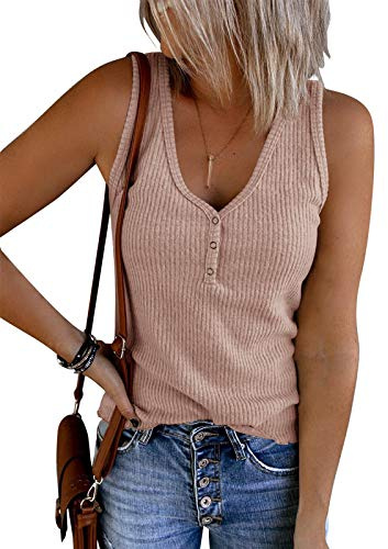 Saodimallsu Débardeurs à col en V pour femmes Chemises Henley sans manches côtelées d'été Casual Loose Button Up Cami Knit Tees (Large, Royal Blue)