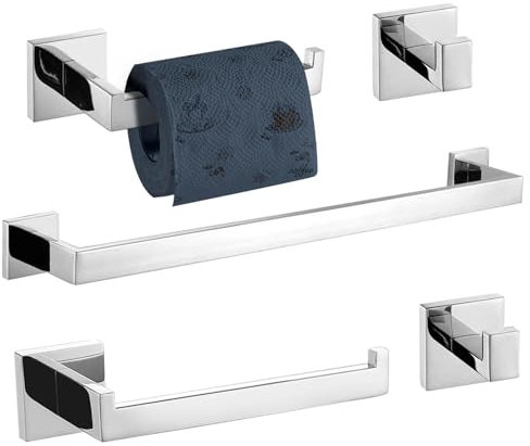 Turs Set Di 5 Accessori Da Bagno In Acciaio Inox Opaco Nero E Oro Spazzolato Porta Asciugamani Porta Asciugamani E 2 Ganci Per Asciugamani, Montaggio A Parete In Acciaio Inox(argento Brillante)