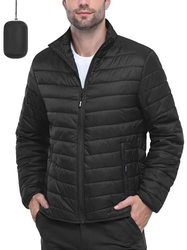 Outdoor Ventures Men's Lightweight Packable Puffer Jacket Insulated Puffy Coat Warm Portable Padded Jacket for Hiking Travelling Camping Classic Black S