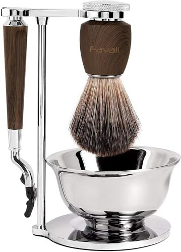 Favali Rasierset Rasierpinsel set, 4 in 1 Rostfreier Rasierpinselhalter + Rasierschale + Rasierpinsel + Nassrasierer Herren(kompatibel mit Mach 3) - Griffe aus gedämpfter Esche und Metallakzenten