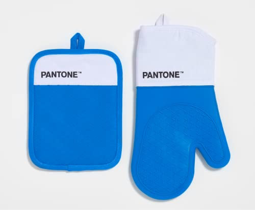 Pantone™ – Juego de Cocina Compuesto por Guante de Horno + agarrador, de algodón con Agarre Antideslizante de Silicona – Útiles Accesorios de Cocina Resistentes al Calor hasta 250 °C – Blanco/Azul