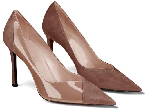 Coutgo Womens Pointed Toe High Heels Pumps Patent Suede Stiletto Heel Slip on Office Party Wedding Dress Shoes Coffee