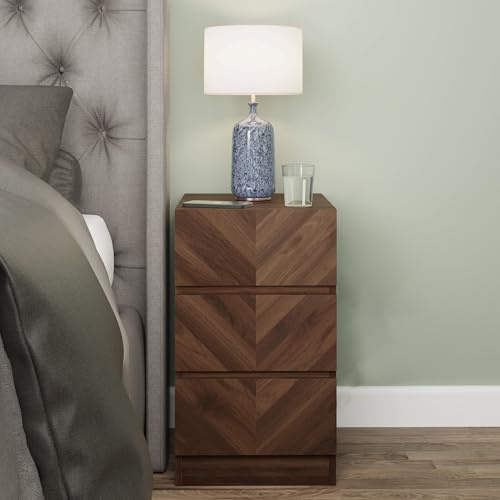 GFW Catania Pair Of Bedside Drawers, Chest Of Drawers Sideboard Cabinet, Modern Herringbone Design Wood Effect Finish Bedroom Furniture Storage Chest, Royal Walnut Wood H60.5 x W35cm x D40cm