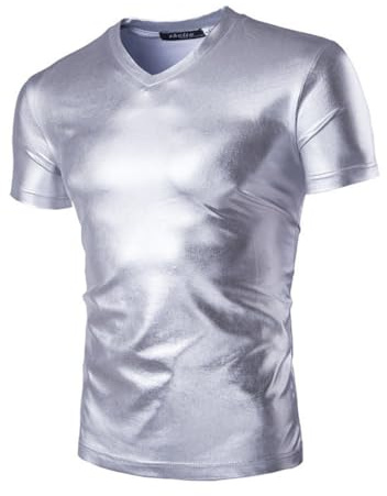 Men's Metallic T-Shirts, Short Sleeves Shiny Wet Look Tunic Tops for Clubwear, V Neck Solid Leather Look Party Tee Top Blouse T-Shirt, Slim Fit Casual Pullovers for Dance Disco Nightclub Costume