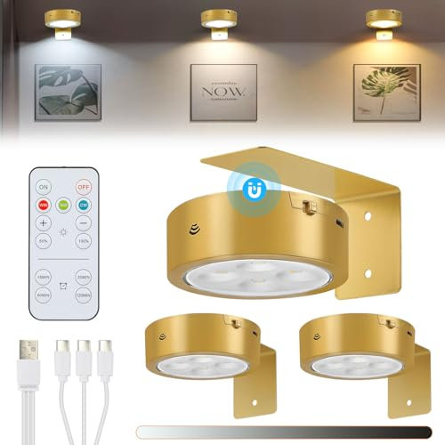 Lightsjoy 3 Pack Picture Lights for Wall Battery Operated 3 Colors Wireless Picture Frame Light Rechargeable Wall Light Dimmable Timer Dart Board Lighting Remote Control Magnetic Wall Lights Gold
