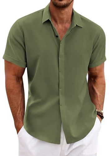 COOFANDY Camicia in Lino da Uomo Camicia a Maniche Corte abbottonata Camicie Casual vestibilità Regolare Camicia in Lino da Spiaggia Estiva