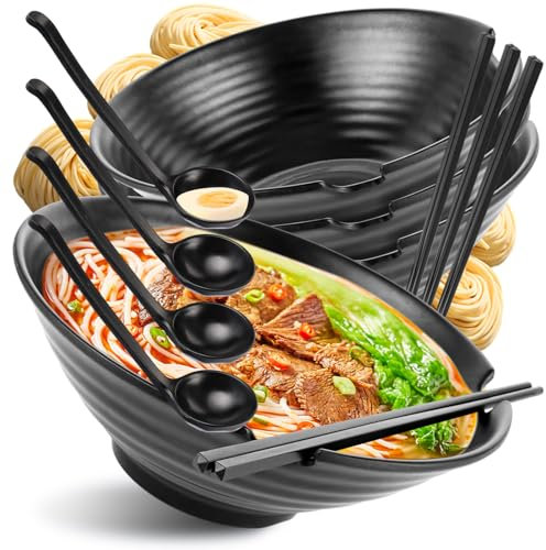 GBACHOOSE Juego de 4 cuencos de ramen, con cuchara y palillos, 1000 ml, juego de ramen para ramen Buldak Ramen, fideos udon, fideos chinos, ramen