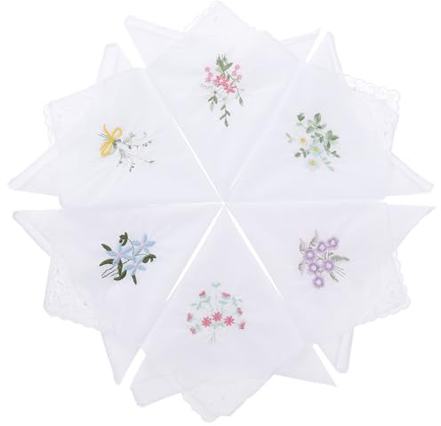 Ladies Cotton Handkerchiefs Flower Embroidered with Lace Ladies' Vintage Floral Lace Handkerchiefs for Wedding Party (6 Pack)