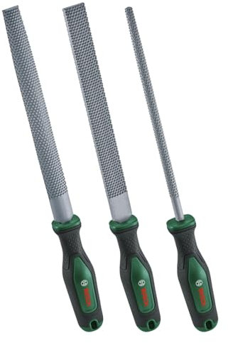 Bosch Raspel Set 3-teilig (Robustes Holzraspel Set inkl. Flach-, Halbrund- und Rundraspel; Harter Kohlenstoffstahl; Schaftlänge 200mm; Mittlerer Hieb 2; Ergonomischer Handgriff mit Softgrip)