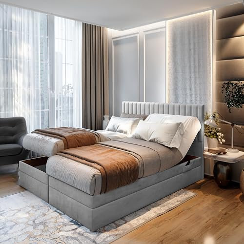 TRADA Boxspringbett ADÈLE 200 x 200 cm – elektrische Bett mit Matratze + Tooper und Bettkasten - Stoffbezug Veloursstoff - Hellgrau - 200 x 200 cm