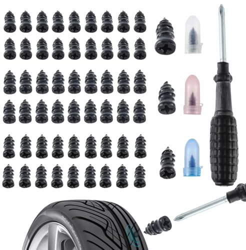 HUAREW 60PCS Tire Repair Rubber Nail, Car Tyre Puncture Repair Kit with Screwdriver, Vacuum Tire Repair Kits Spiral Rubber Nails, for car, Motorcycle, Truck, Tractor Tire Puncture Repair